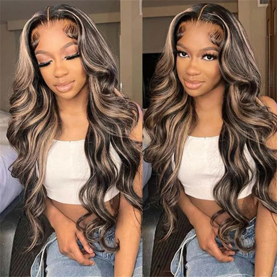 

30Inch 1B/27/30 Highlight Body Wavy Human Hair 13X4 Lace Front Wig Brown Blonde 180% Glueless Colored Body Wave Wigs For Women