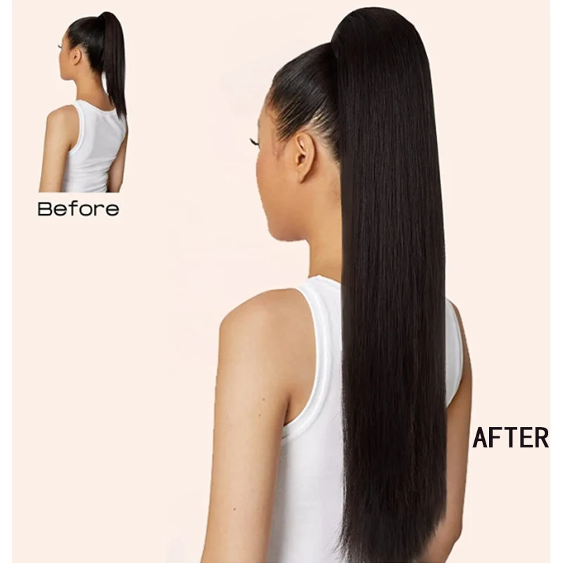 H&STAR 20Inch Synthetic Long Straight Ponytail Claw Clip in Hair Extension Smooth Black Brown Wig for Women