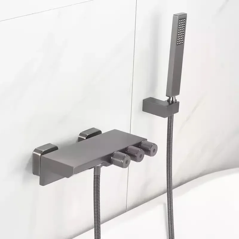 Grey Bathtub Shower Set Wall Mounted Brushed Gold Bathtub Faucet  Bathroom Waterfall Bath & Mixer Tap Brass New