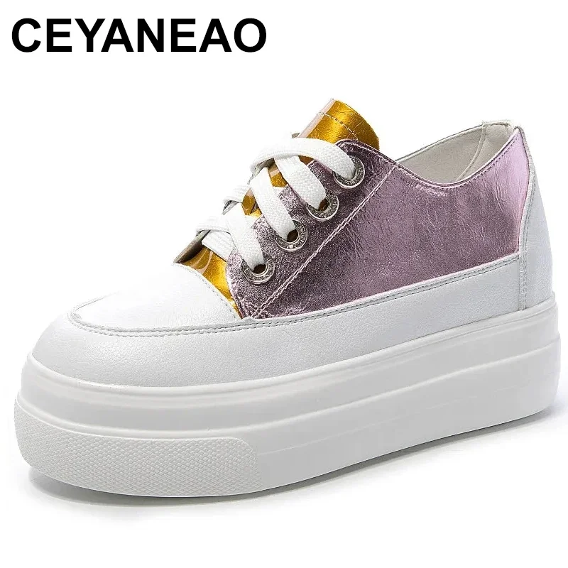 

8cm New Genuine Leather Platform Spring Autumn Chunky Sneaker Casual Hidden Women Vulcanize Comfy Summer Mixed Color Shoes
