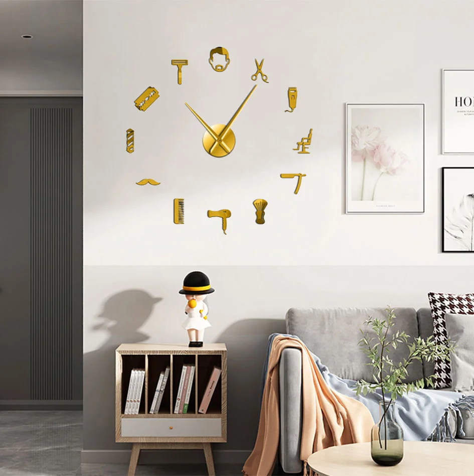 Barber Shop Giant DIY Wall Clock Modern Design Barbershop Decoration 3D DIY Wall Mirror sticker Hair Stylist Hairdresser Gift