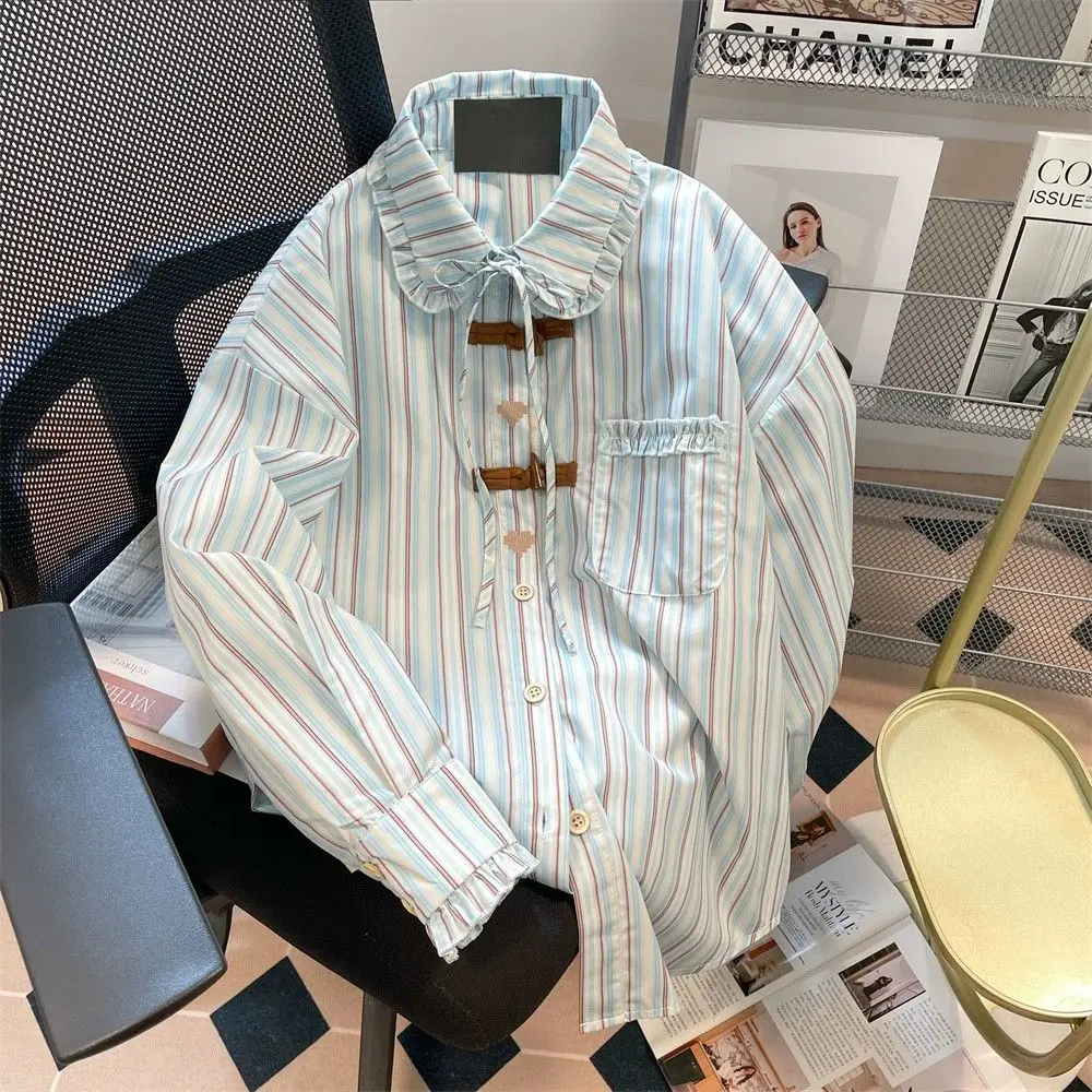 

2024 Women Spring Autumn New French Buttons Striped Shirts Female Long-sleeved Loose Shirt Ladies Pocket Casual Blouses J202
