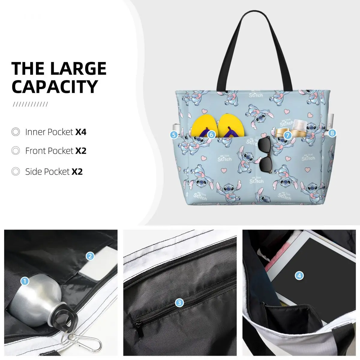 Disney Stitch Large Beach Tote Bag Women Sandproof Tote Bags for Travel