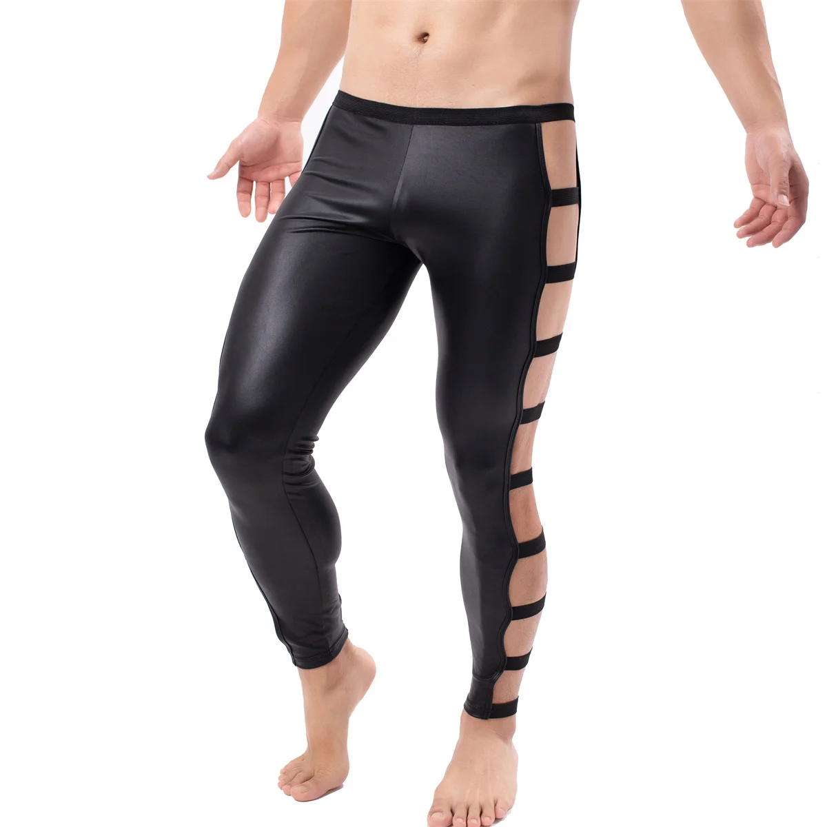 Description Picture 4 of itemSexy Mens Trousers Side Straps PU Leather Latex Tight Long Pants Singlets Faux Leather Fitness Clubwear Gay Wetlook Jogger Pants