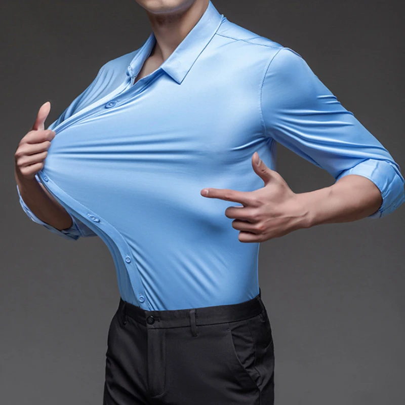 Men's Short shirt sleeve ice silk spring summer seamless high stretch non-ironing anti-wrinkle business casual solid color