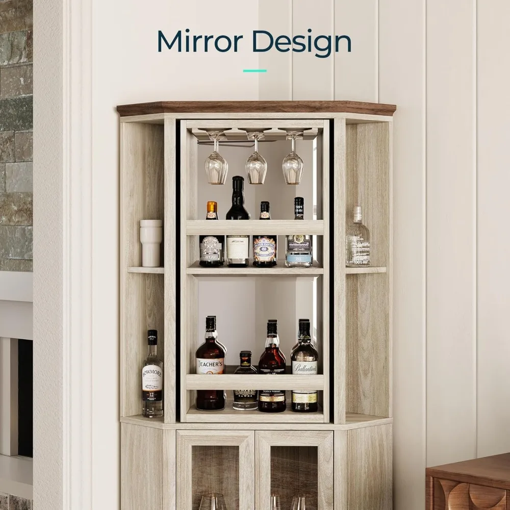 Corner Bar Cabinet, 68.5" Tall Farmhouse Wine Cabinet with Rotating Liquor Shelves, Home Bar Cabinet with Barn Door & Adjustabl