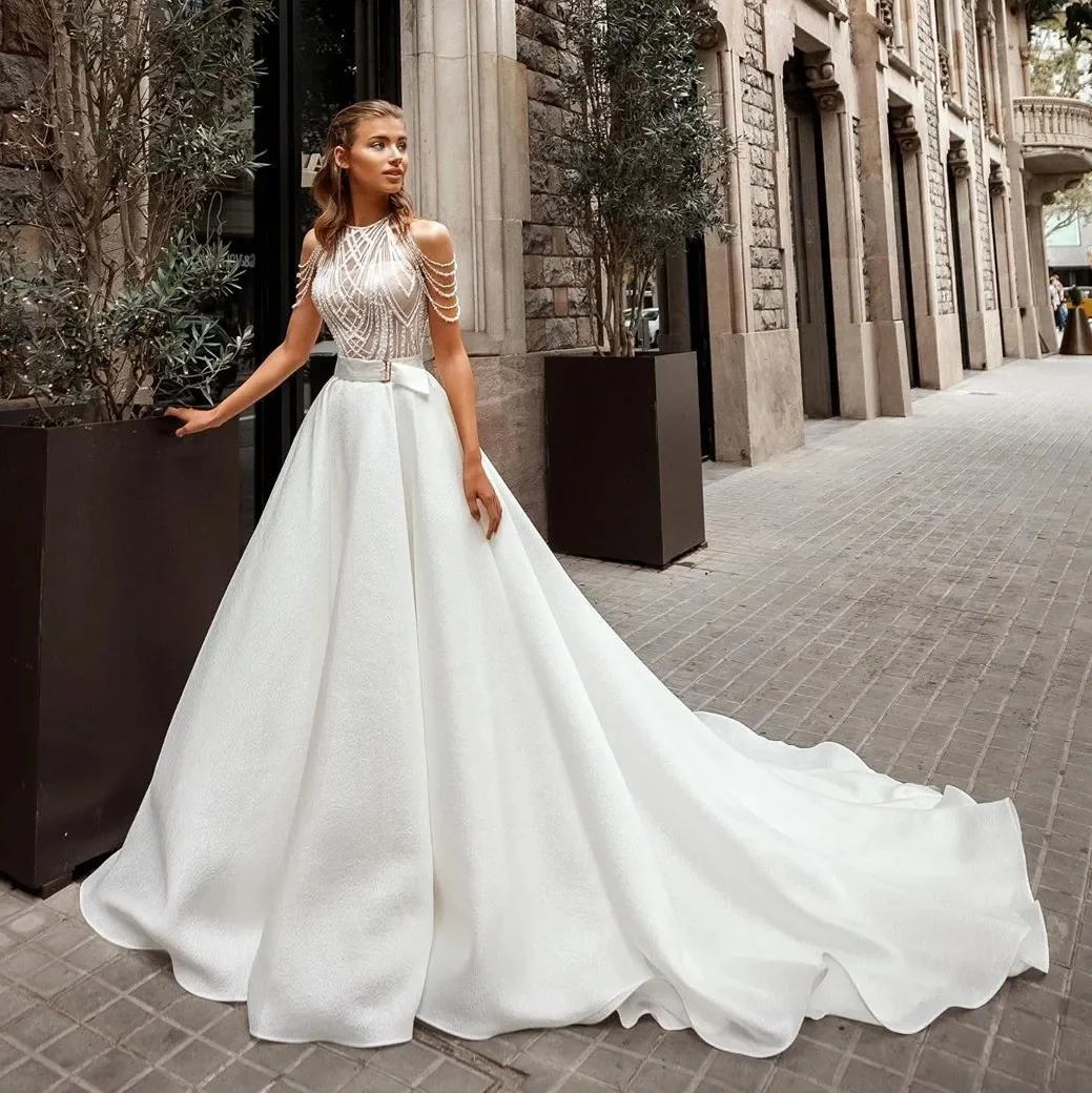 

Gorgeous New O-Neck Vestidos De Novia Beach Wedding Dress For Women Sleeveless Beads Lace Appliques A-Line Satin Bridal Gown