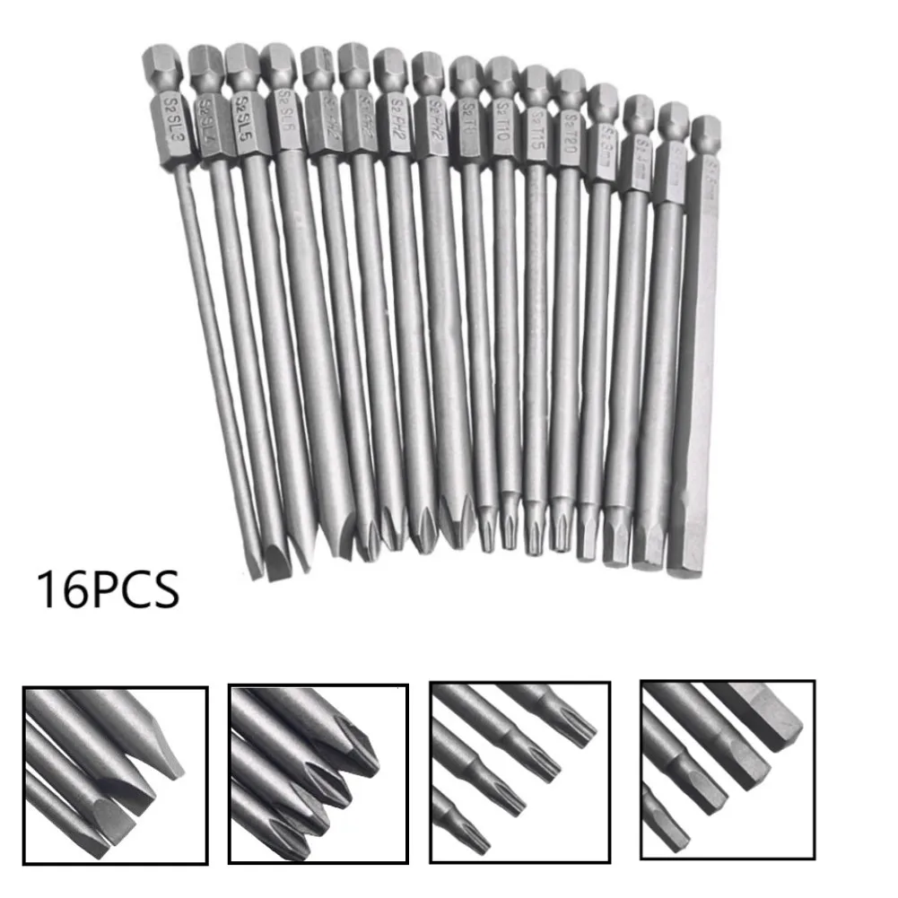 

16pcs Torx Hex Slotted Cross Head Screwdriver Bits Set 100mm Long Alloy Steel Durable Hand Tool Accessories Repairing