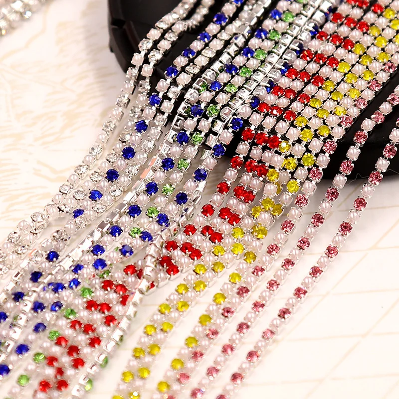 

1 Yard 1 Row Pearl Rhinestone Claw Cup Chain Glitter 2MM Sew On Crystal Rhinestones Trim for Sewing DIY Fabric Dress Accessori
