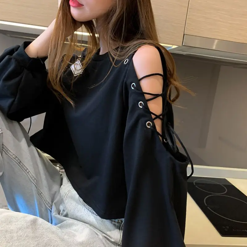 

Loose Pullovers Women's Sweatshirt Cropped Pink Black Baggy Plain Woman Clothing Y 2k Vintage Y2k Style Essential Casual M E Top