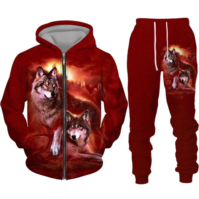 

Zipper Tracksuit Fashion Cool Wolf 3D Print Men's Social Set Casual Hoodie And Pants 2pcs Oversized Sweatshirt Men Clothing Tops