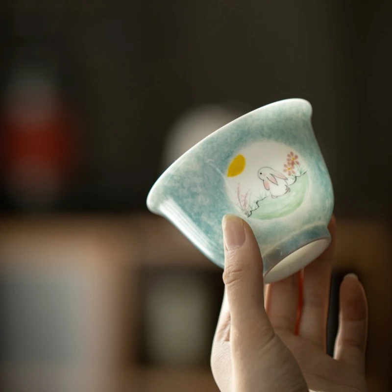 Hand Painted Lidded Tea Cup Rabbit Moon Design Underglaze Color Scholar Style Ceramic Gongfu Tea Set Zen Home Brewing Gift