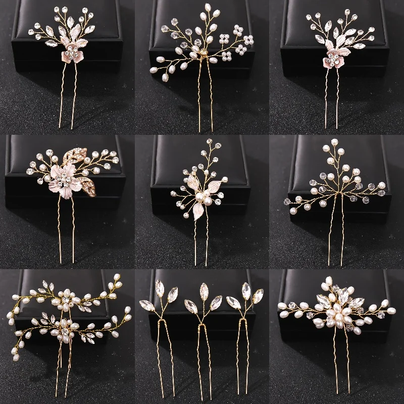 Crystal Pearl Flower Hair Pins Clips For Women Bride Hair Jewelry Wedding Accessories Rhinestone Prom Hairpin Headpiece