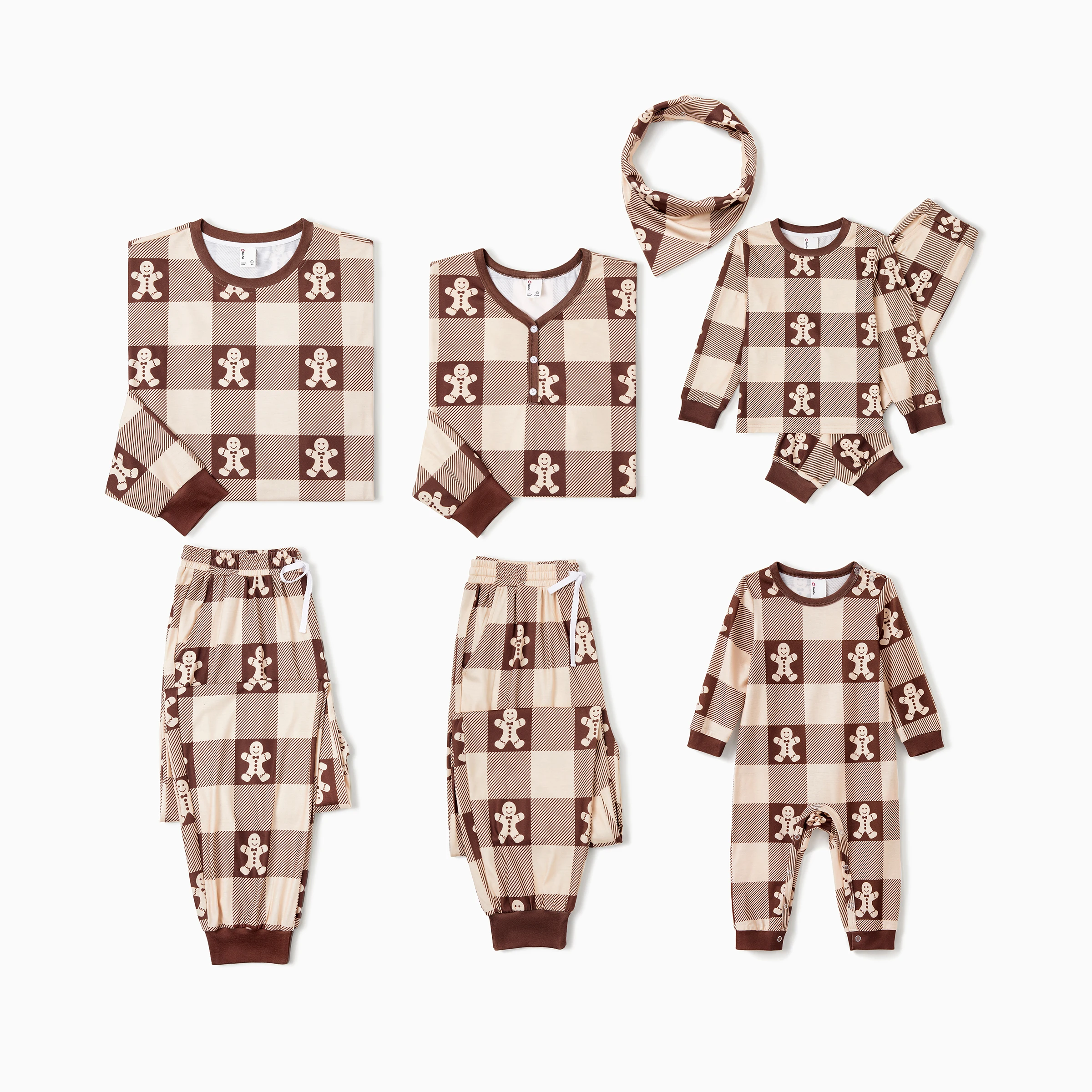 thumbnail image 1 of Conjuntos de pijamas navideños a juego para toda la familia con estampado de cuadros y hombre de jengibre y cuello Henley abotonado, 1 of 5