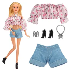 DIY Dolls Accessories Set - Pink Outfit with Dress, Shirt, Denim Pants, Bag, Hat, and Party Gown Costume - Perfect Christmas Gift - Excluding doll (Style 15)