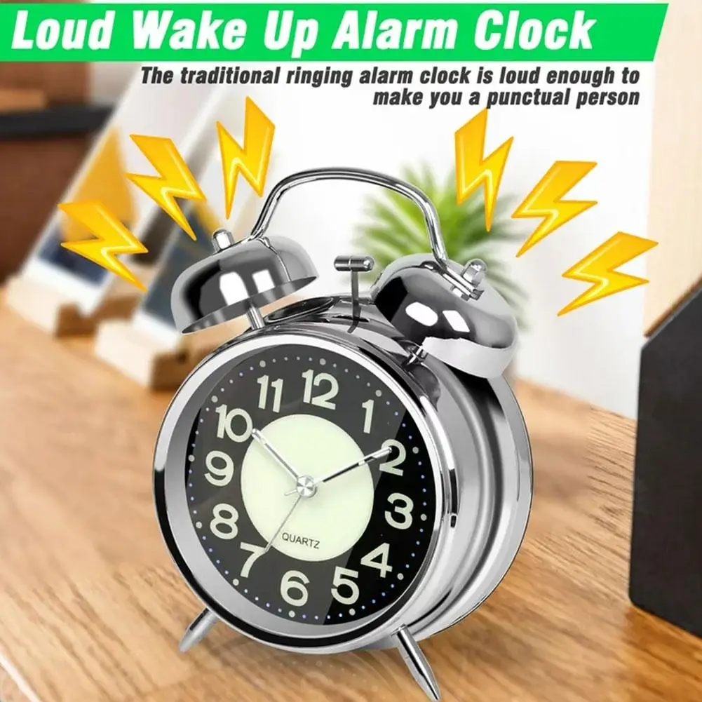 4 Inches Silver Twin Bell Super Loud Alarm Clock Analog Clock Silent With Night Light For Working Sleeping Environments Y5S5