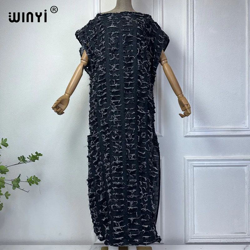 Denim Dress WINYI Original denim sexy long dress with holes Africa Womens party holiday Casual Short Sleeve Maxi beach dress denim dress