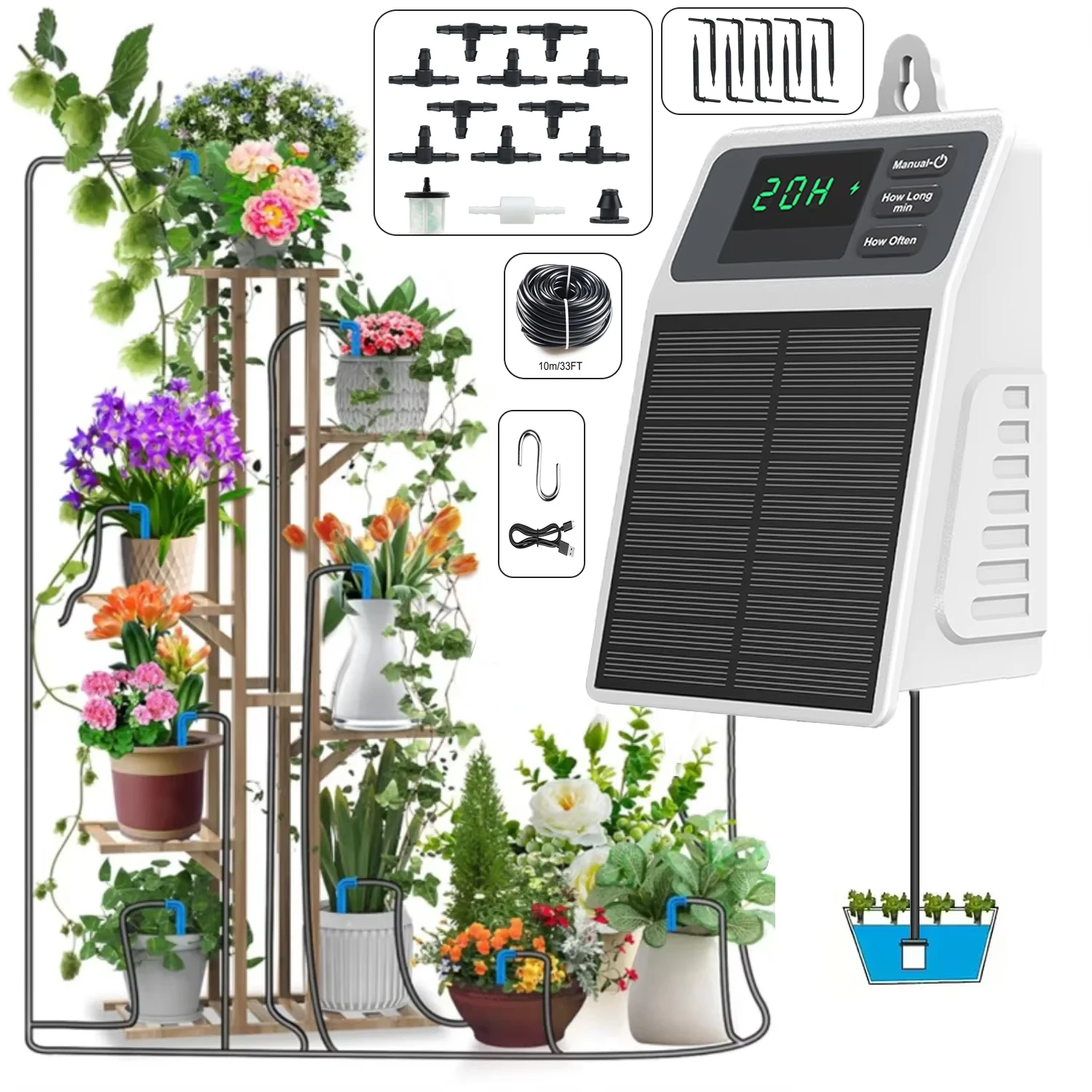 Solarbetriebenes automatisches Pflanzenbewässerungssystem, Gartengeräte und Pflanzbedarf, Outdoor-Bewässerungsset, zum Aufhängen, automatisch