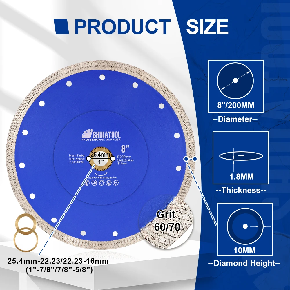 SHDIATOOL 1Pc Dia 200MM X Mesh Cutting Disc Diamond Saw Blade For Cutting Ceramic Tile Marble Granite 8inch Circular Disc Cutter