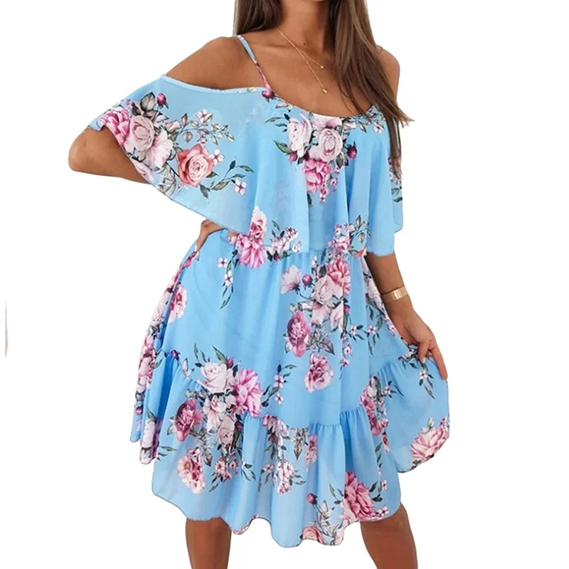 Chiffon Spaghetti Strap Floral Print Off Shoulder Sundress