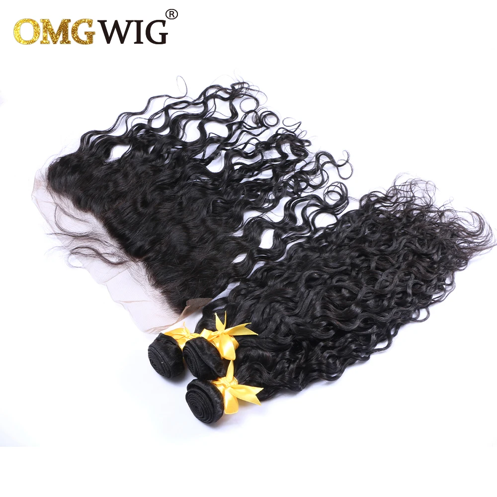 Natural Color Hair Bundles With 13x4 Base Closures Water Wave Brazilian Human Hair Free Part Bleached Knots Transparent Lace