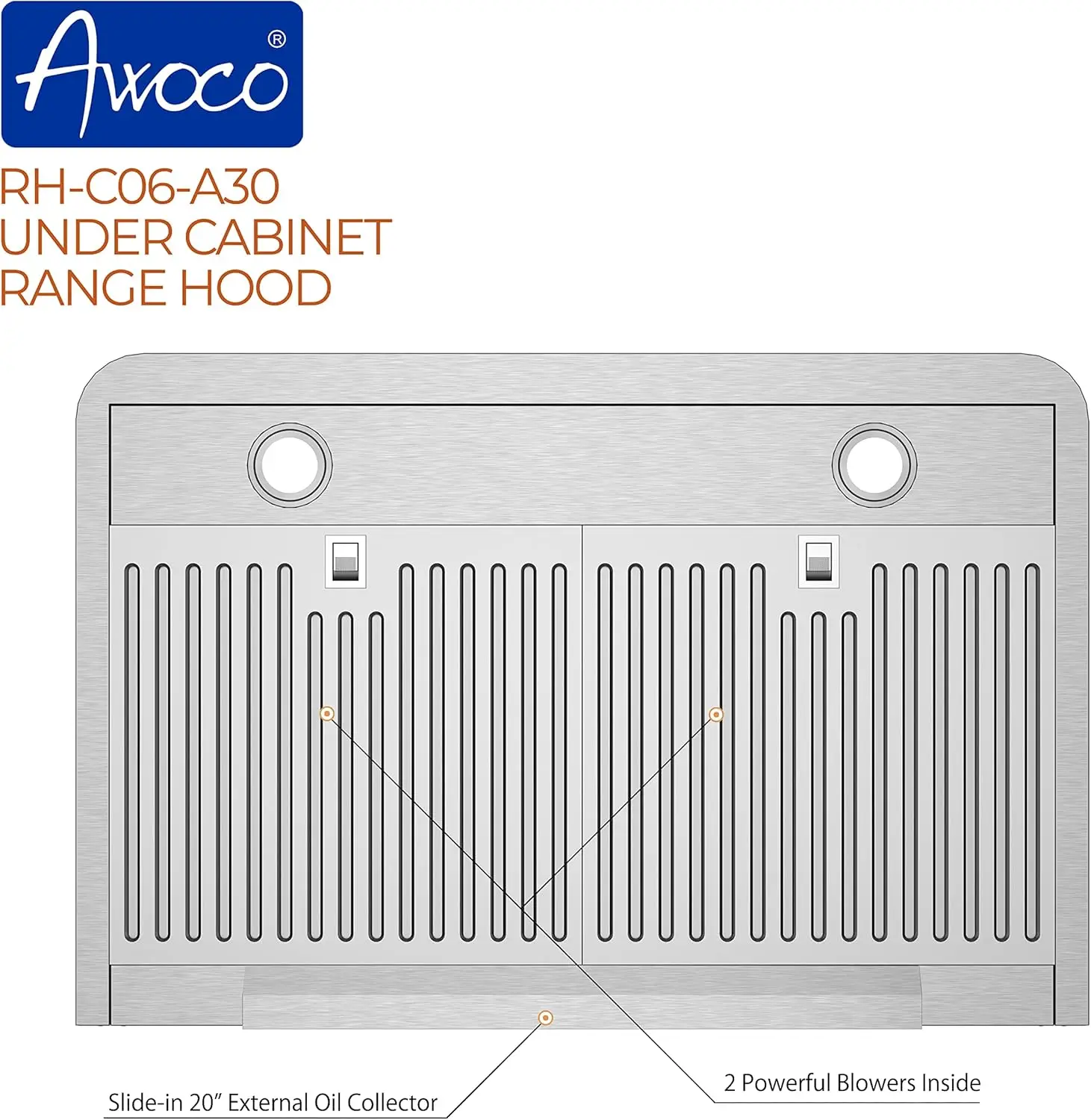 RH-C06-A30 Classic 6&rdquo; High 1mm Thick Stainless Steel Under Cabinet 4 Speeds 900 CFM Range Hood with 2 LED Lights