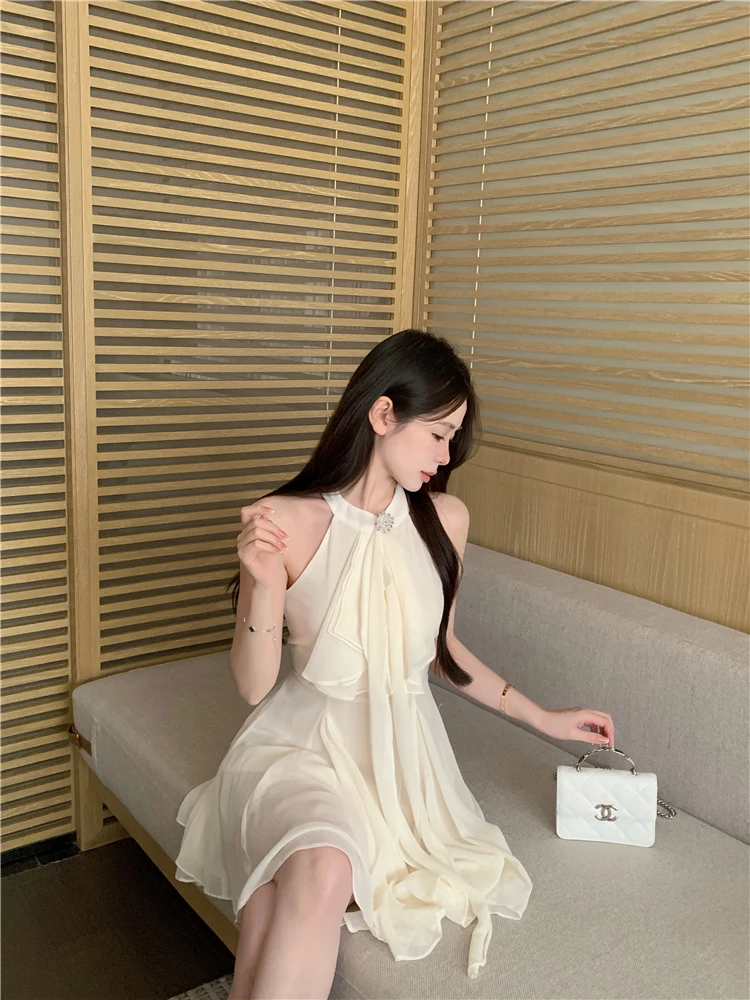 Elegant Halter Ruffles Short Dresses for Women Diamond Sleeveless A-line Sexy Evening Party Dress Prom Korean Chic Vestido Mujer