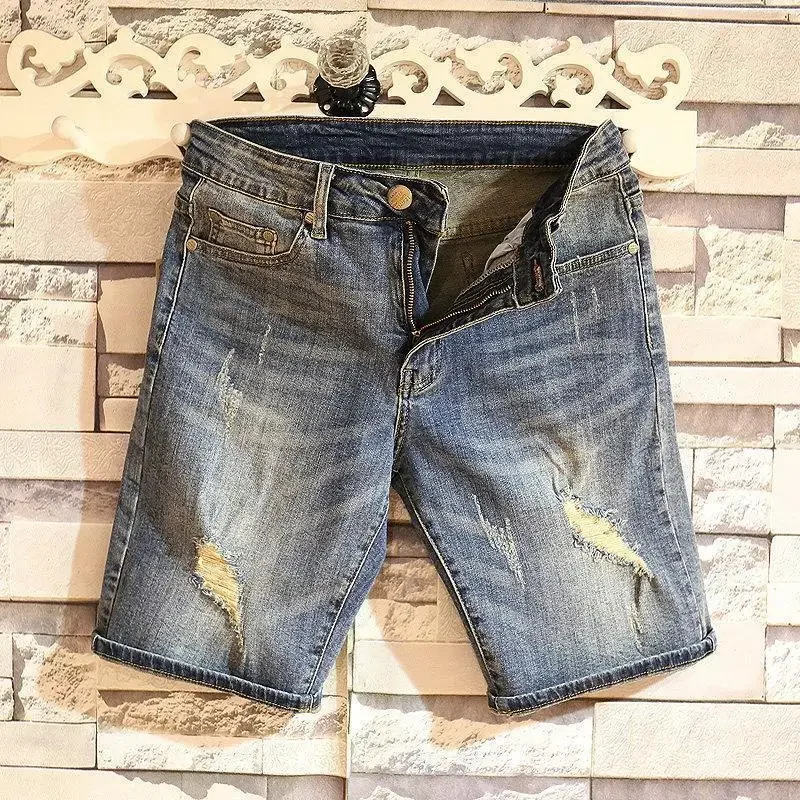 thumbnail image 1 of Pantalones cortos de mezclilla para hombre con bolsillos, pantalones vaqueros cortos rectos para hombre, elásticos con cremallera, diseñador Y2k, moda nueva en coreano delgado, 1 of 4