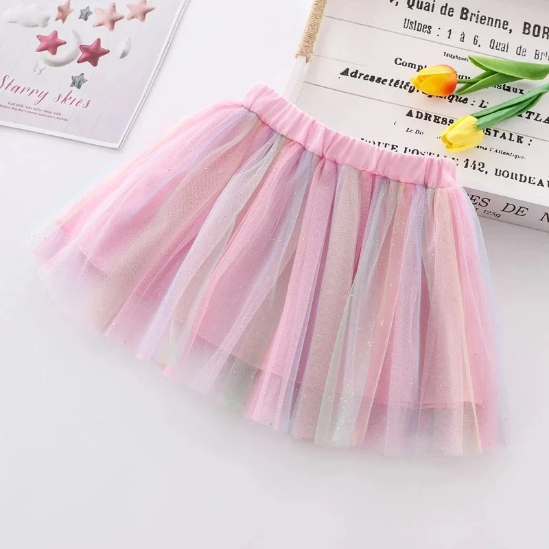 New Embroidery Kids Girls Mesh Skirts Princess Pretty Stars Sequined Pleated Tutu Floral Girl Lace Faldas Dance Clothes
