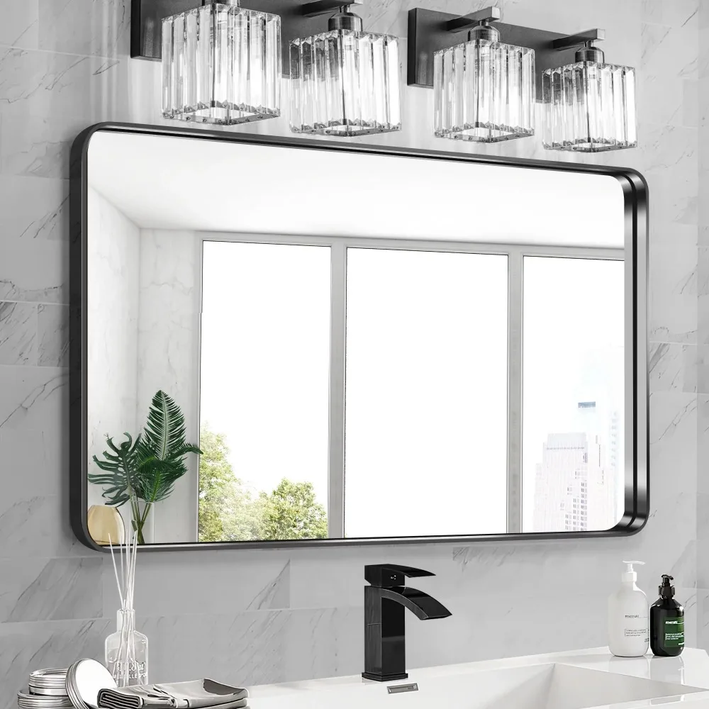 

42"x32" Aluminum Alloy Wall Mount Rounded Corner Rectangular Mirror Blackfreight Free Bathroom Mirrors Full-body Fixture Home