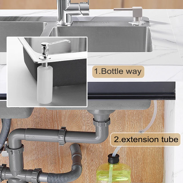 304SS Kitchen Sink Liquid เครื่องจ่ายสบู่เหลวโมเดิร์นเคาน์เตอร์ Built-In ปั๊มโลชั่นหัวซิลิโคนจานล้างผงซักฟอกผู้ถือ 5