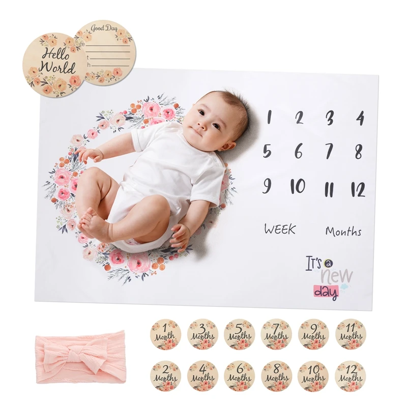 1 Set Infant Baby Milestone Photo Props Background Blanket Headband Suit Backdrop Cloth Calendar Bebe Boy Girl Photo Accessories