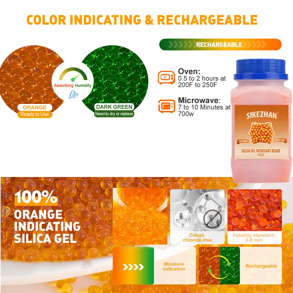 18OZ Waterproof Reusable Silica Gel Beads Bottles Moisture Absorber Electronic Product Desiccant Dehumidifie Blue/orange