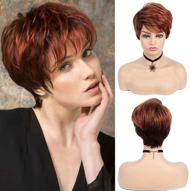 BCHR Short Pixie Cut Wig Copper Red Synthetic Wigs with Side Bang Dark