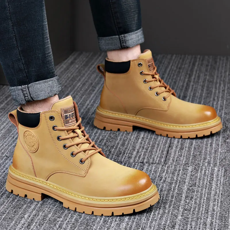 

Yellow Boots Autumn Genuine Leather Martin Boots Retro Work Attire Shoes Outdoor High Top Desert Boots English Style Thick Soles