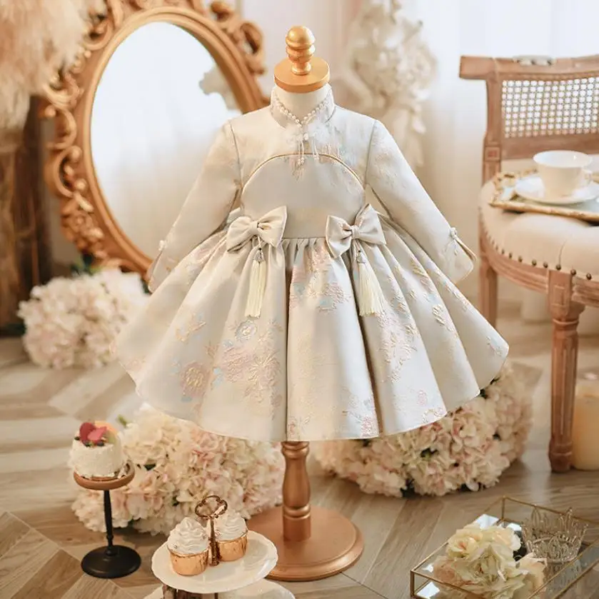 

2024 New Children's Evening Gown Bow Pearls Design Kids Wedding Birthday Baptism Eid Party Girls Christmas Dress A3411