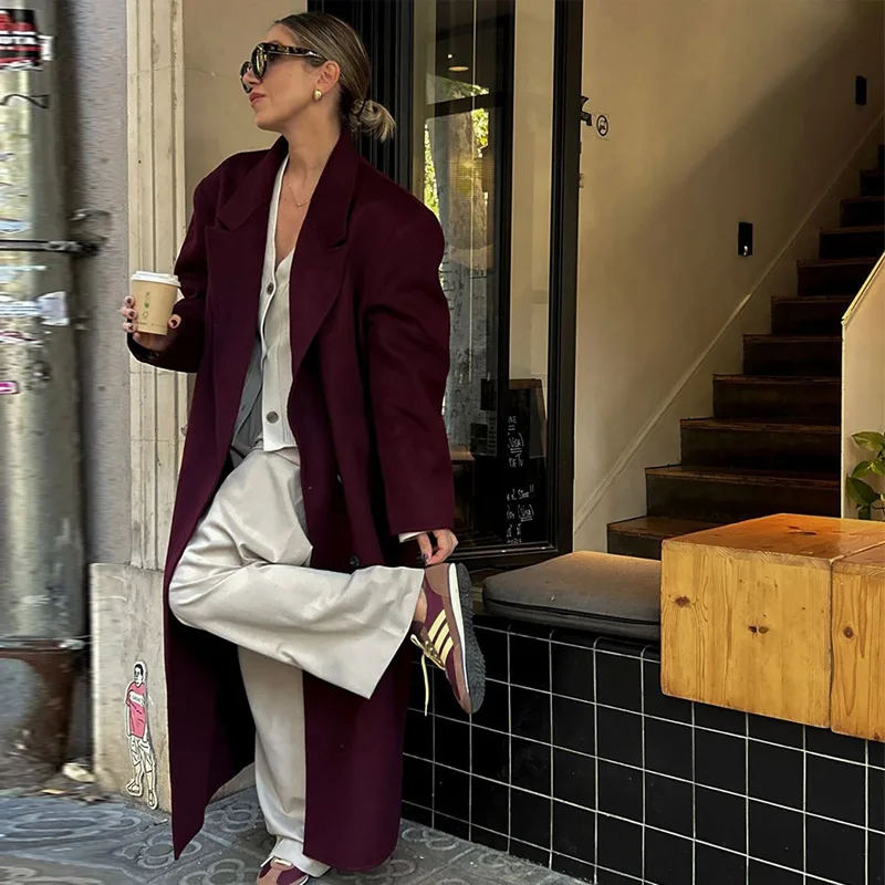 Fashion Burgundy Red Double Breasted Overcoat Women Lace Up Loose Lapel Pockets Long Sleeve Coat New High Street Outerwear