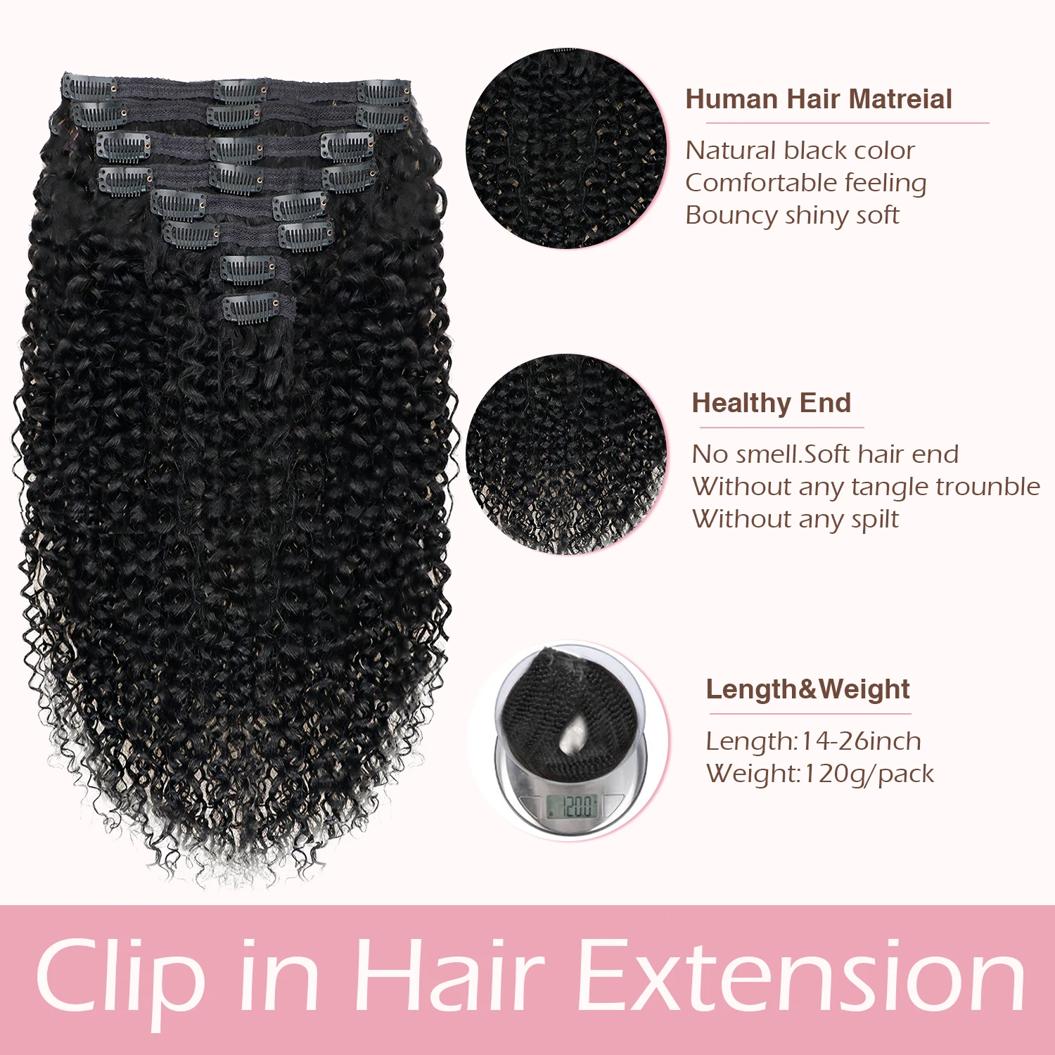 Abijale Curly Clip In Hair Extensions 120G 4C Afro Kinky Curly Clip Ins Seamless Clip In Extensions Natural Virgin Remy Hair