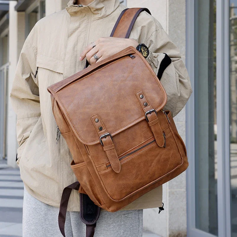 Mens Backpack Large Capacity Vintage PU Leather