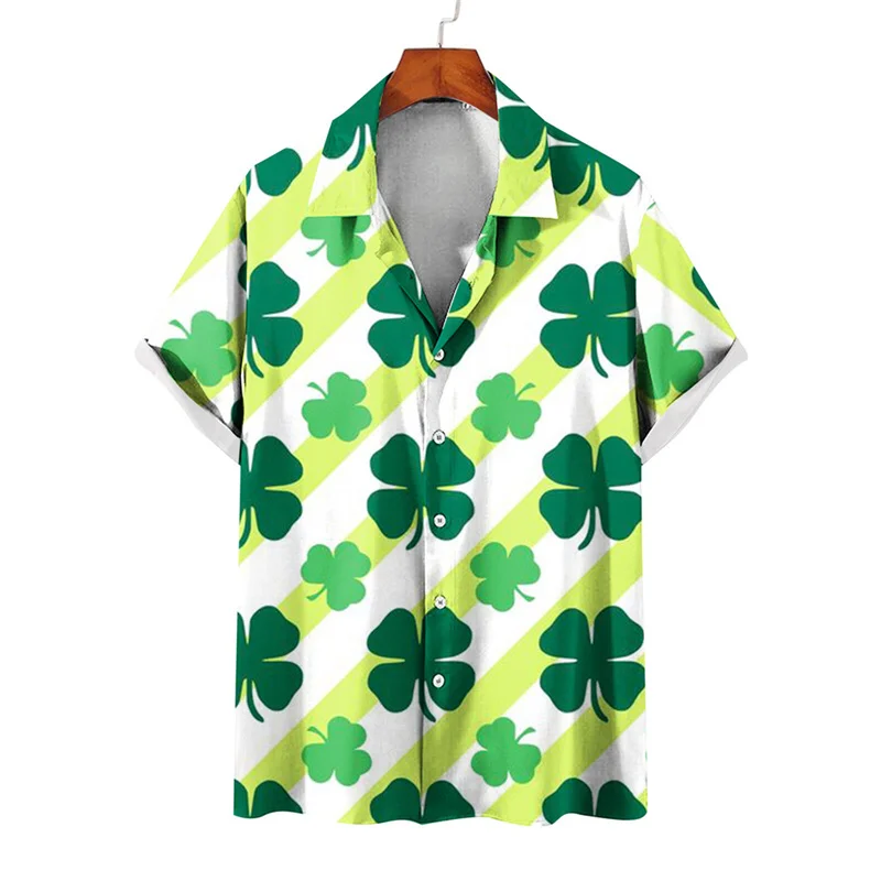 thumbnail image 1 of Camisas de verano con estampado de trébol de cuatro hojas para hombre y mujer, camisas casuales de manga corta con solapa, estilo hawaiano, para playa, estilo urbano, 1 of 5