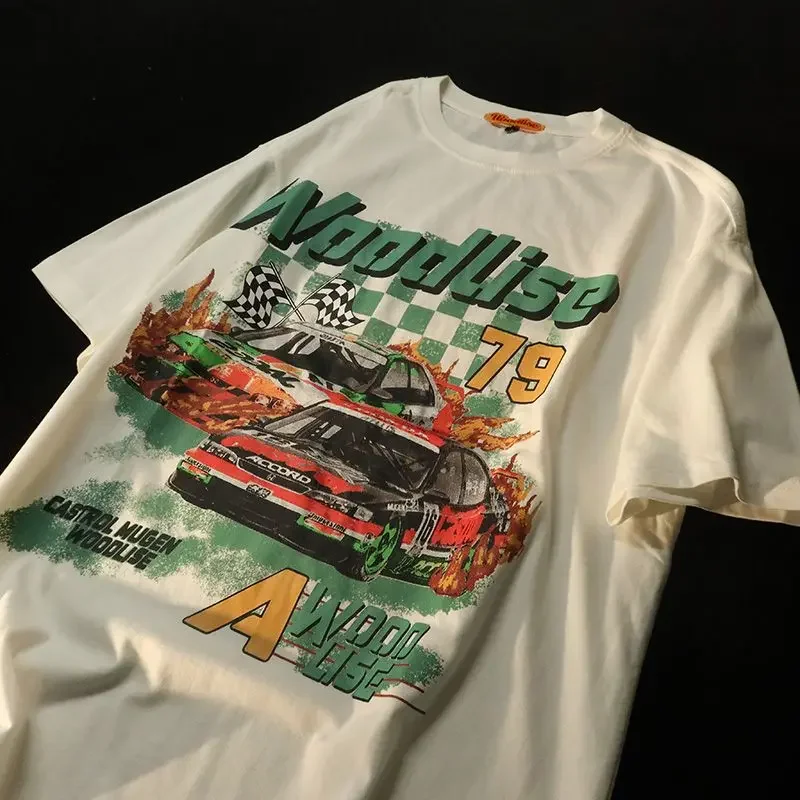 American Retro Trendy Brand Pure Cotton Cartoon Printed Short Sleeved T-shirt for Men and Women Loose Fitting Half Sleeved Top