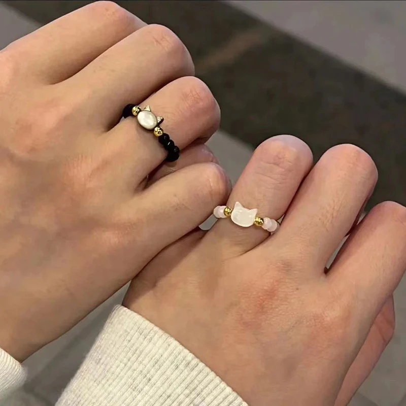 天然ムーンストーン黒曜石リング女性のための、手作りビーズ