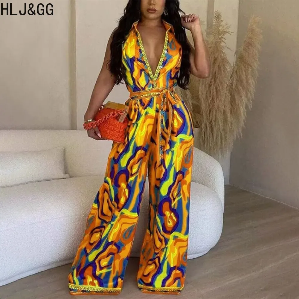 HLJ&GG Casual Retro Printing Lace Up Jumpsuits Women V Neck Short Sleeve Wide Leg Pants Playsuits Female Bandage Overalls 2023