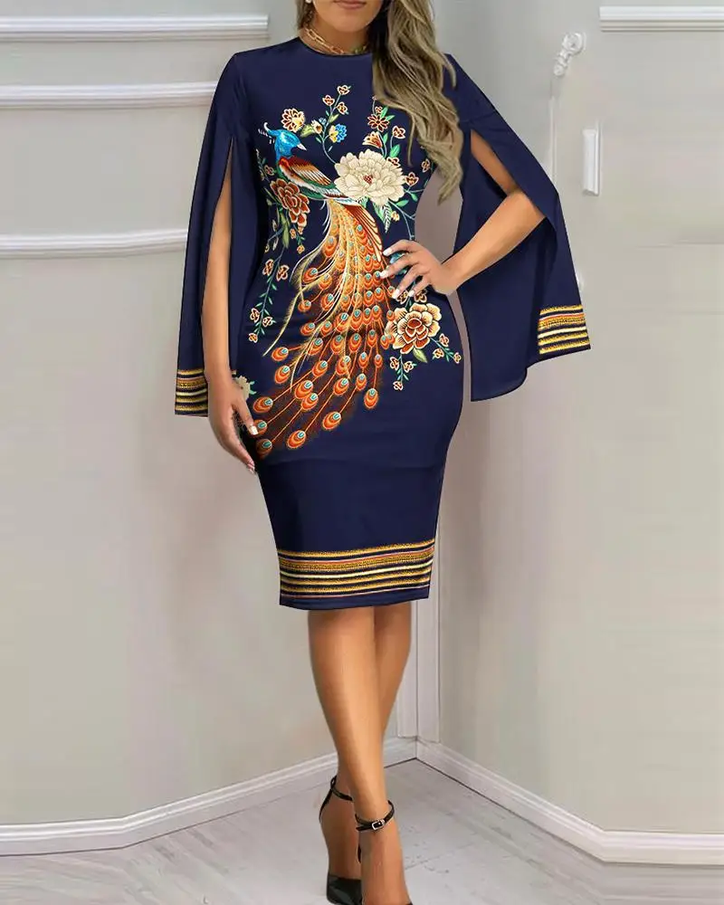 Damen V-Ausschnitt Midikleid mit Cape-Ärmeln und Goldkreis-Print, figurbetont, für Abendpartys, modischer Stil – Detail 5
