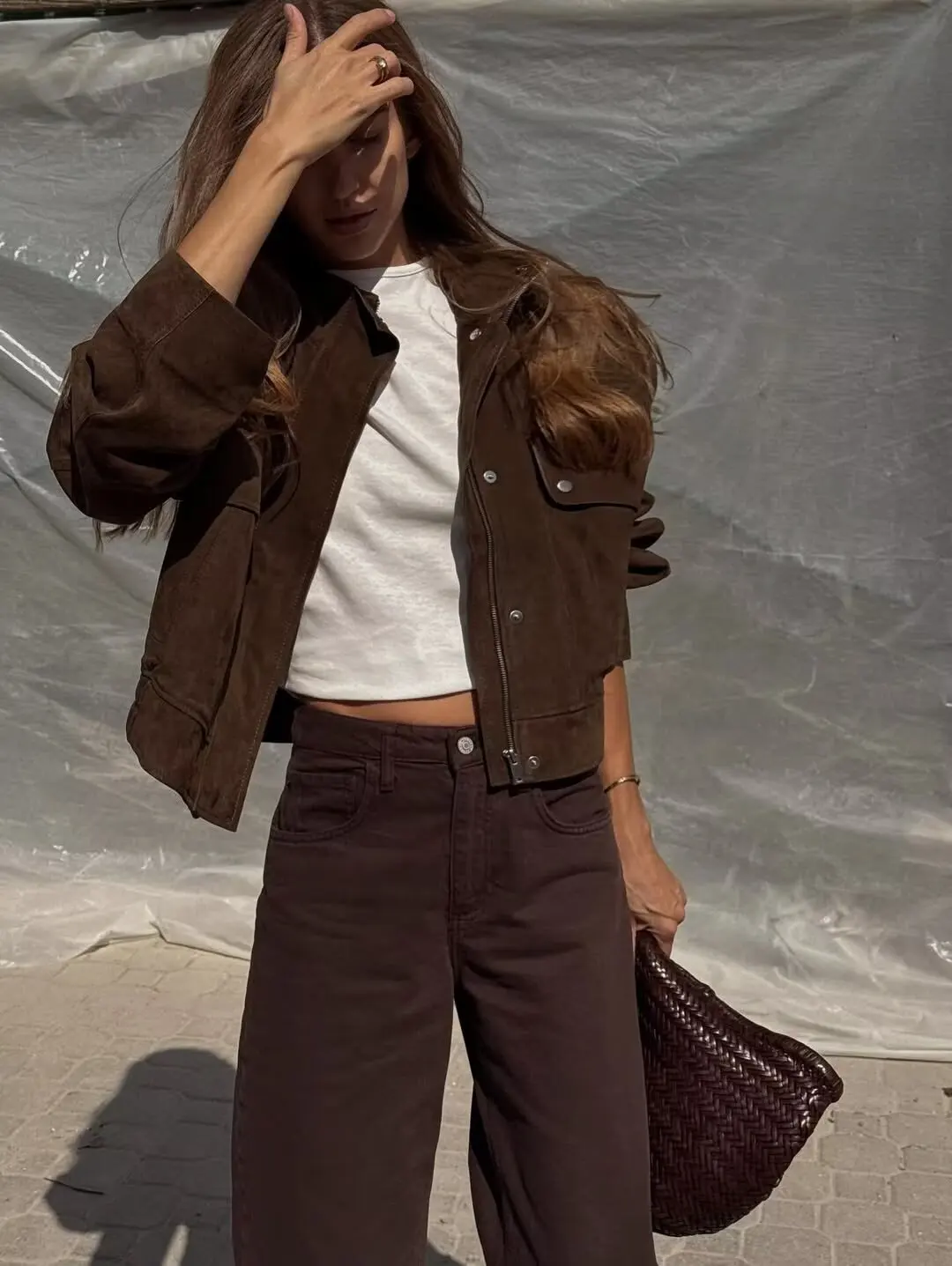 Tidalyf 2025 femmes Faux daim veste col montant à manches longues poche décorative ourlet élastique décontracté Chic automne manteau