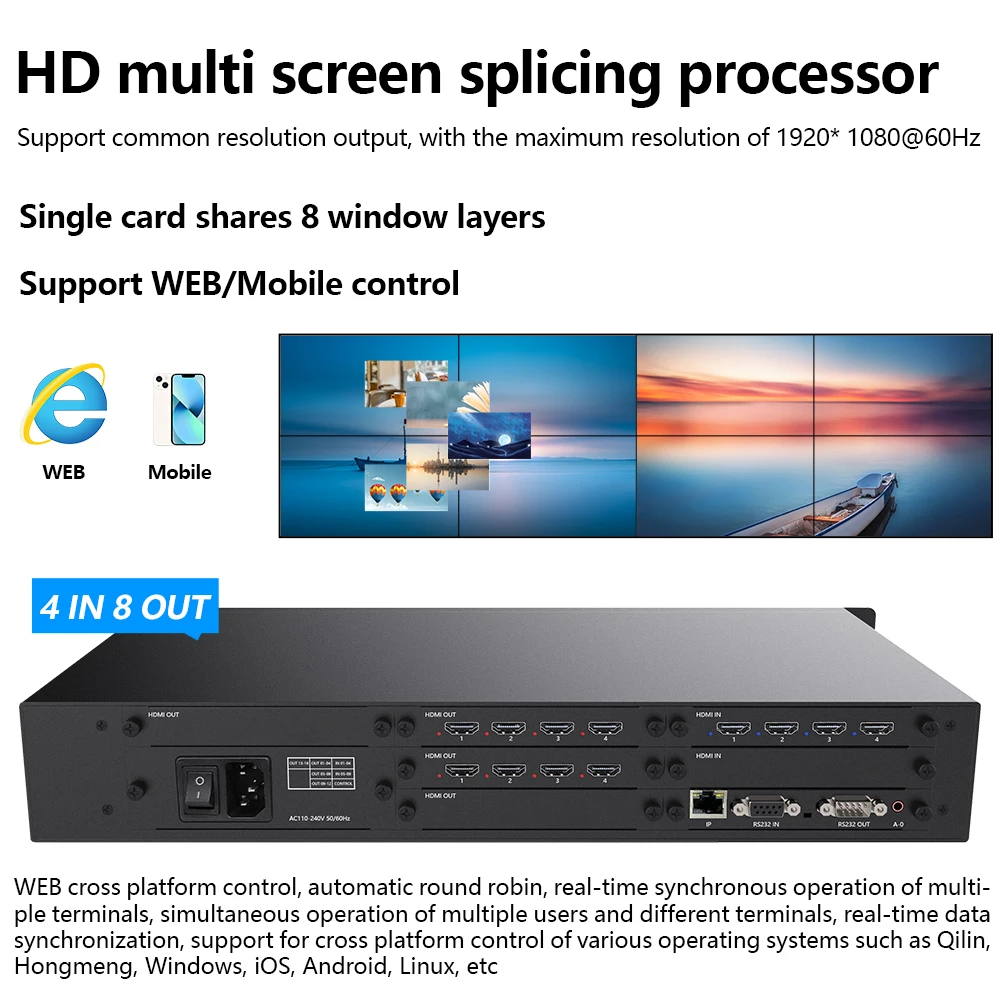 Processore Tv Video Wall Controller Hd 4X8 Hdcp1920X1080P60Hz 4 Input 8 Out Per Hdmi Matrix Switcher Splicer Window Web/Rs232