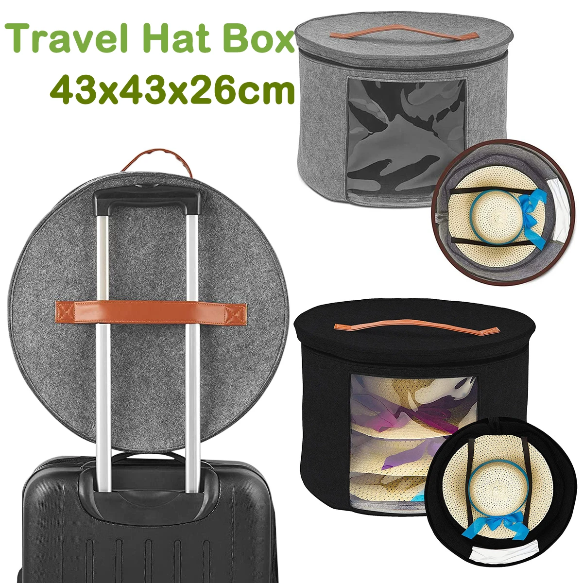 Scatola rotonda per cappelli da viaggio in feltro, diametro 43,2 cm, con coperchio antipolvere traslucido e tracolla per vari tipi di cappelli/vestiti e giocattoli, grigio
