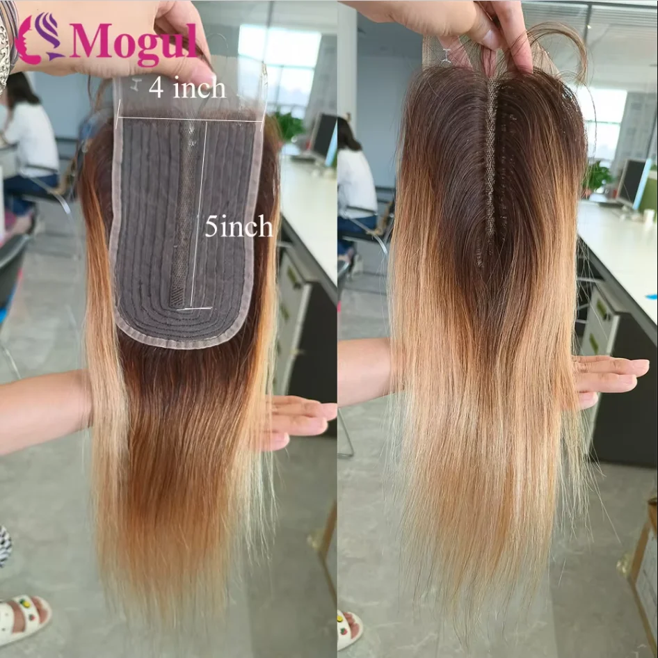Ombre Blonde T4x5x1 Part Lace Closure Middle Part Brazilian Straight Human Hair Lace Closures For Black Wome 12 Inch
