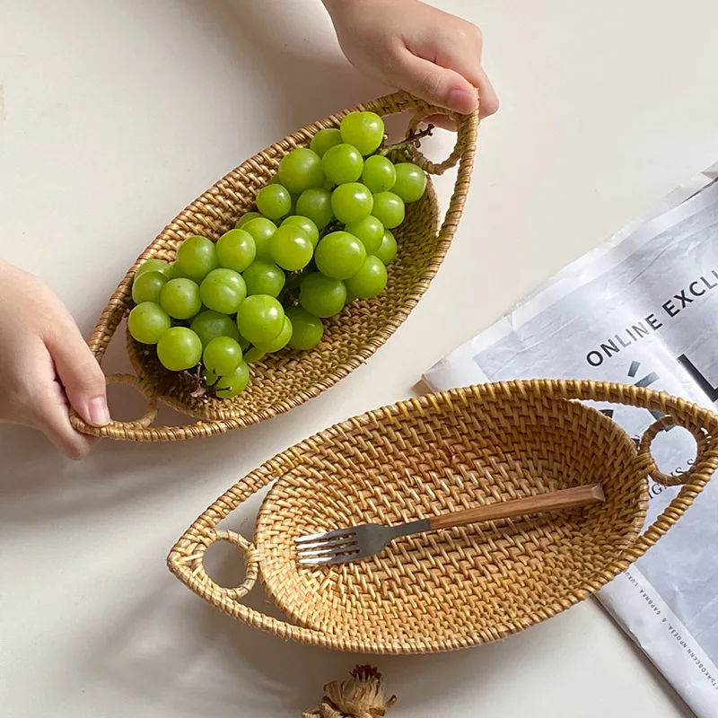 

Handwoven Oval Rattan Wicker Basket, Picnic Tray, Snacks Storage Box, Kitchen Supplies, Fruit Tray, Tea, Snack Bread, New