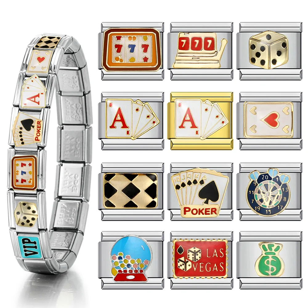Y2K Fit 9mm Würfel Poker Dollar Italienische Charms Armband Edelstahl DIY Herstellung Elastische Link Kette Mode Schmuck Glück geschenk – Detail 1